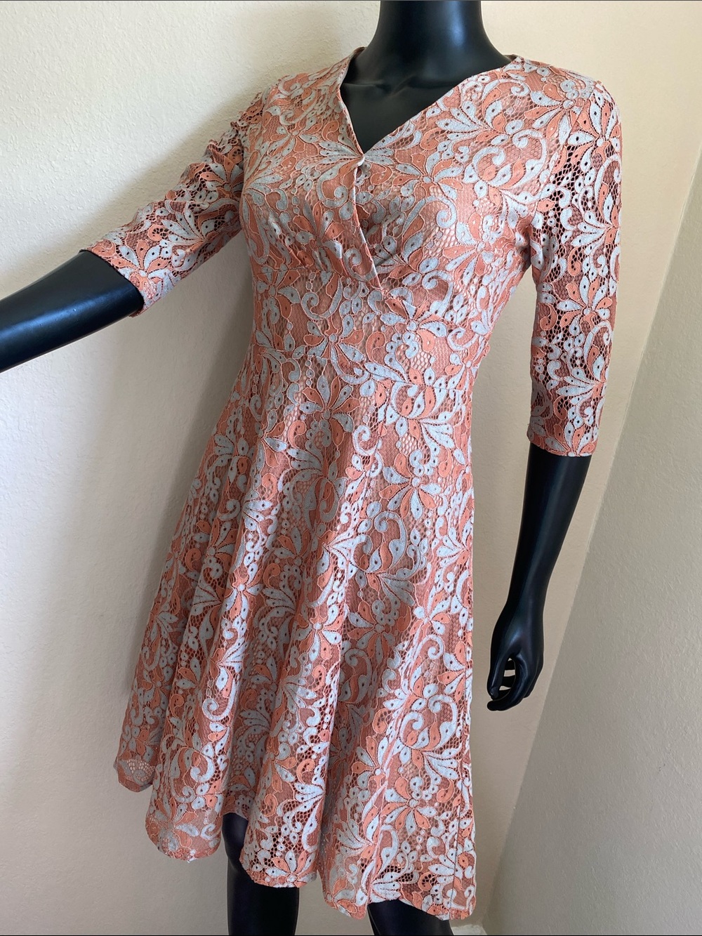 Women's Lace Overlay Fit-and-Flare Dress in Rust Orange and Light Blue - Picture 4 of 13